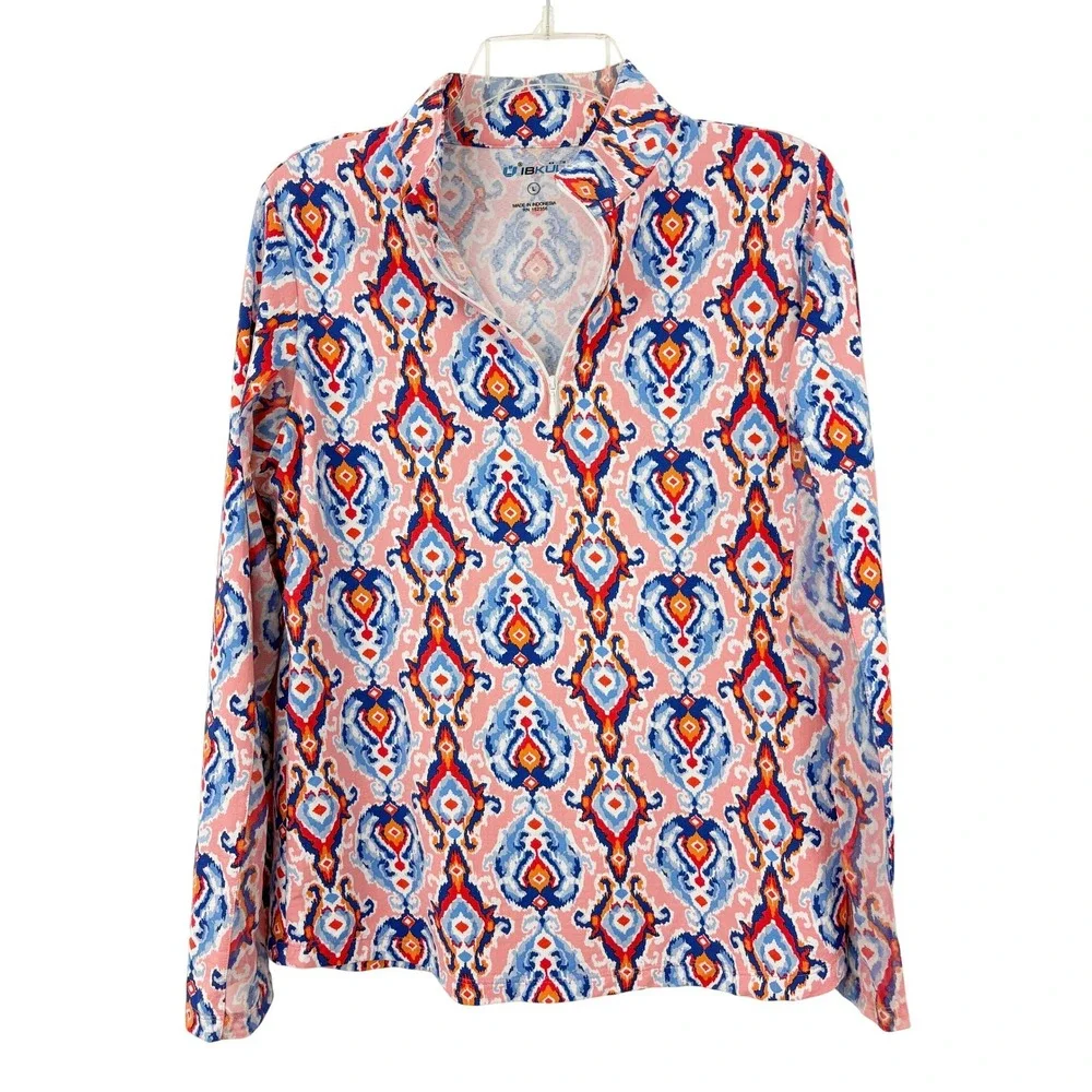 IBKUL Quarter Zip Mock Neck Sun Shirt Size L Ikat Damask Print Long Sleeve UPF50 - Picture 2 of 10